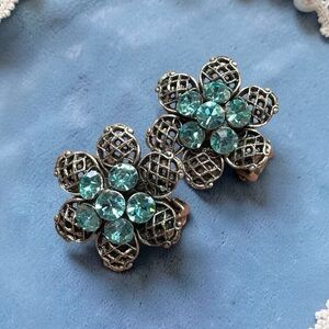 Statement Pewter Tone Metal Sky Blue Rhinestone Clip On Flower Earrings